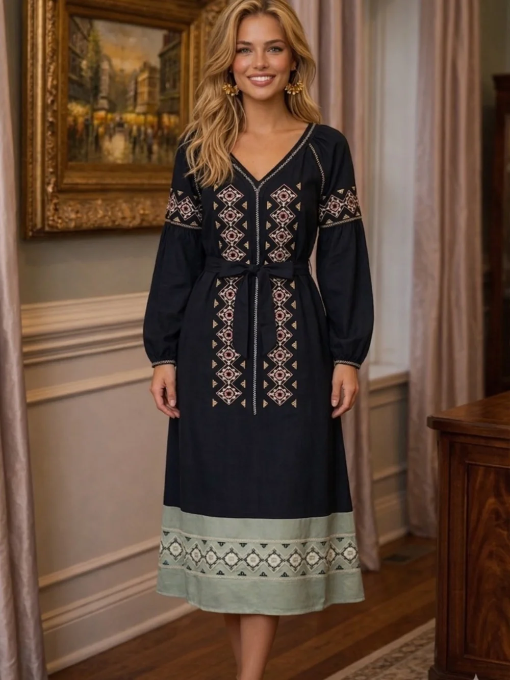 $450 NWT Tory Burch Katya Navy Green Embroidered Tunic Style Midi Dress Size 0